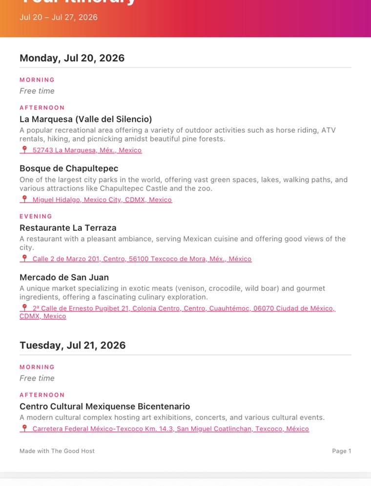 An exported Good Host itinerary PDF laid out day by day with morning, afternoon and evening entries and free time marked.