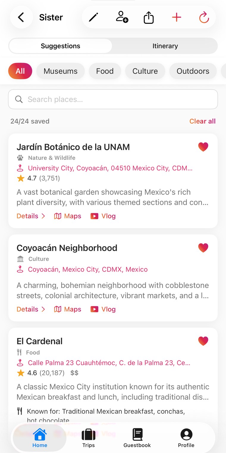 A list of suggested local places in The Good Host, each with a category, address, star rating and review count, and links to details, maps and a local video.
